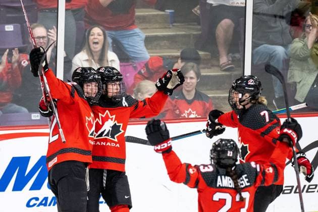 230413 Blayre Turnbull of Canada celebrates scoring 1 0 during the 2023 IIHF Women s World Championship quarterfinal game between Canada and Sweden on April 13, 2023 in Brampton Photo Mathilda Ahlberg BILDBYRAN kod MA MA0459 ishockey ice hockey vm dam 2023 iihf womens world championship dam vm ishockey vm kanada sverige women canada sweden bbeng jubel,  Copyright: MATHILDAxAHLBERG BB230413MA074