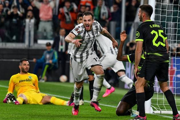 Federico Gatti of Juventus FC celebrates after scoring the goal of 1-0 during the Europa League football match between Juventus FC and Sporting CP at Juventus stadium in Torino (Italy), April 13th, 2023. Photo Giuliano Marchisciano Insidefoto GiulianoxMarchisciano