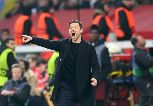 Coach Xabier ALONSO LEV gesture, gesture, football Europa League, quarterfinal first leg, Bayer 04 Leverkusen LEV Union Saint Gilloise USG 1 1, on 13 04 2023 in Leverkusen Germany UEFA regulations prohibit any use of photographs as image sequences and or quasi video Â