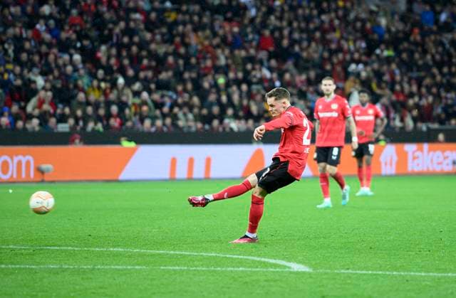 Florian WIRTZ LEV scores the goal to 1 1, action, football Europa League, quarterfinal first leg, Bayer 04 Leverkusen LEV Union Saint Gilloise USG 1 1, on 13 04 2023 in Leverkusen Germany UEFA regulations prohibit any use of photographs as image sequences and or quasi video Â