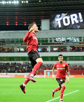 Cheers Florian WIRTZ LEV after his goal to 1 1, Football Europa League, quarterfinal first leg, Bayer 04 Leverkusen LEV Union Saint Gilloise USG 1 1, on 13 04 2023 in Leverkusen Germany UEFA regulations prohibit any use of photographs as image sequences and or quasi video Â