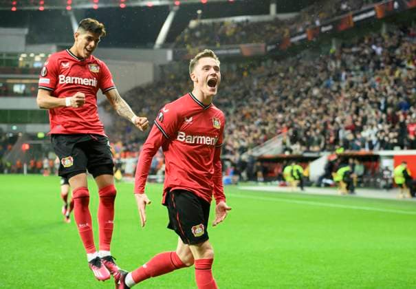 Cheers Florian WIRTZ LEV after his goal to 1 1, l Piero HINCAPIE LEV , Football Europa League, quarterfinal first leg, Bayer 04 Leverkusen LEV Union Saint Gilloise USG 1 1, on 13 04 2023 in Leverkusen Germany UEFA regulations prohibit any use of photographs as image sequences and or quasi video Â