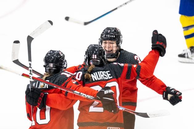 230413 Sarah Fillier, Sarah Nurse and Jocelyne Larocque of Canada celebrate after winning on overtime in the 2023 IIHF Women s World Championship quarterfinal game between Canada and Sweden on April 13, 2023 in Brampton Photo Mathilda Ahlberg BILDBYRAN kod MA MA0459 ishockey ice hockey vm dam 2023 iihf womens world championship dam vm ishockey vm kanada sverige women canada sweden bbeng jubel,  Copyright: MATHILDAxAHLBERG BB230413MA121
