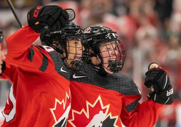 April 13, 2023, BRAMPTON, ON, CANADA: Canada forward Sarah Nurse (20) and forward Sarah Fillier (10) celebrate Nurse s game winning overtime goal against Sweden at quarterfinal IIHF Womens World Hockey Championship hockey action in Brampton, Ont., Thursday, April 13, 2023. Canada News - April 13, 2023  - ZUMAc35_ 20230413_zaf_c35_167 Copyright: xFrankxGunnx