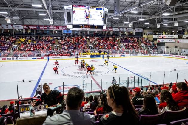 230413 General view of CAA Center during the 2023 IIHF Womens World Championship quarterfinal game between Canada and Sweden on April 13, 2023 in Brampton Photo Mathilda Ahlberg BILDBYRAN code MA MA0459 ice hockey ice hockey vm dam 2023 iihf womens world championship women vm ice hockey vm canada sweden women canada sweden bbeng interior,  Copyright: MATHILDAxAHLBERG BB230413MA145