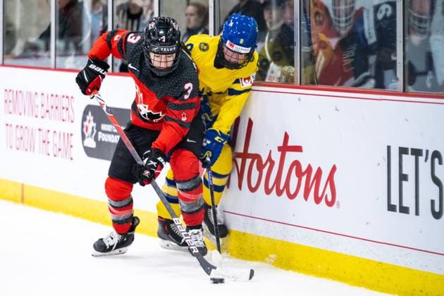 230413 Jocelyne Larocque of Canada and Hilda Svensson of Sweden during the 2023 IIHF Womens World Championship quarterfinal game between Canada and Sweden on April 13, 2023 in Brampton Photo Mathilda Ahlberg BILDBYRAN code MA MA0459 ishockey ice hockey womens world championship 2023 iihf womens world championship womens world championship ice hockey world cup canada sweden women canada sweden bbeng,  Copyright: MATHILDAxAHLBERG BB230413MA149