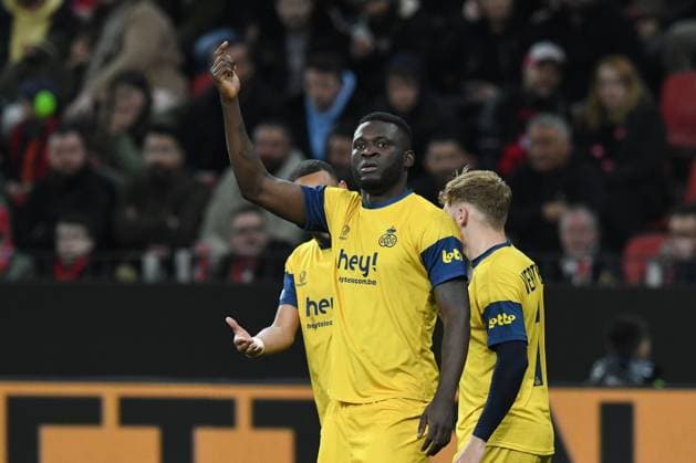 Goal scorer Victor Boniface Union Saint Gilloise cheers after scoring 1 0 GER, Bayer 04 Leverkusen vs Union Saint Gilloise, Football, Europa League, Quarterfinal First Leg, Season 2022 2023, 13 04 2023 DFL REGULATES PROHIBIT ANY USE OF PHOTOGRAPHS AS IMAGE SEQUENCES AND OR QUASI VIDEO GER, Bayer 04 Leverkusen vs Union Saint Gilloise, Football, Europa League, Quarterfinal First Leg, Season 2022 2023, 13 04 2023 Leverkusen Copyright: xEibner-Pressefoto ThomasxThienelx EP_TTL