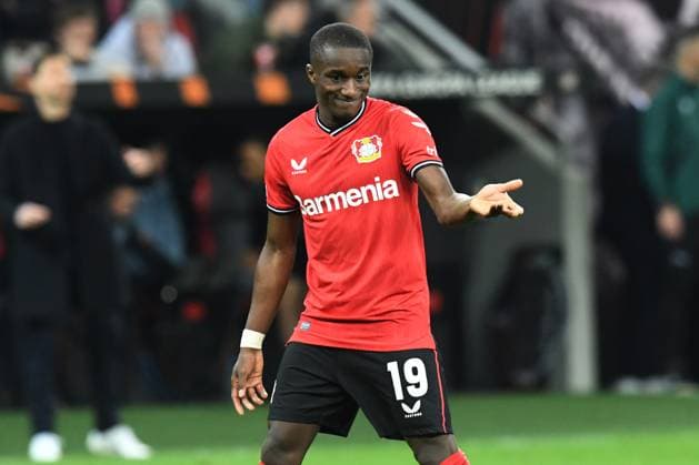 Moussa Diaby Bayer 04 Leverkusen gestures GER, Bayer 04 Leverkusen vs Union Saint Gilloise, Football, Europa League, Quarterfinal First Leg, Season 2022 2023, 13 04 2023 DFL REGULATES PROHIBIT ANY USE OF PHOTOGRAPHS AS IMAGE SEQUENCES AND OR QUASI VIDEO GER, Bayer 04 Leverkusen vs Union Saint Gilloise, Football, Europa League, Quarterfinal First Leg, Season 2022 2023, 13 04 2023 Leverkusen Copyright: xEibner-Pressefoto ThomasxThienelx EP_TTL