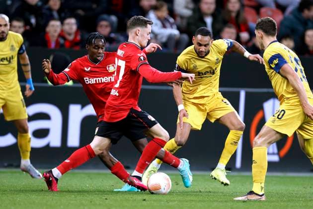 WIRTZ Florian Team Bayer 04 Leverkusenwith FRIMPONG Jeremie UEFA Europa League Season 2022 2023 Quarterfinal Match Bayer 04 Leverkusen Union Saint Gilloise 1 1 on 13 04 2023 in Leverkusen DFL REGULATES PROHIBIT ANY USE OF PHOTOGRAPHS as IMAGE SEQUENCES and or QUASI VIDEO Copyright: xLacixPerenyix