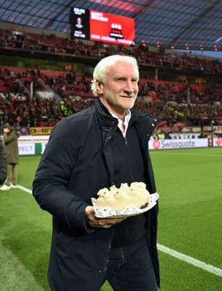 Rudi Völler DFB sports director was presented with a cake for his birthday before the game 13 04 2023, football Europa League, season 2022 23, quarterfinal first leg, Bayer 04 Leverkusen Union Saint Gilloise Leverkusen BayArena Nordrhein Westfalen Germany Team2