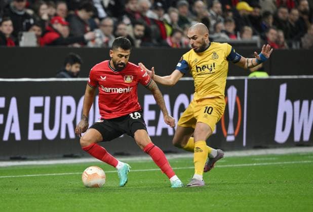 Kerem Demirbay Bayer Leverkusen , Teddy Teuma Saint Gilloise , v li 13 04 2023, Football Europa League, season 2022 23, quarterfinal first leg, Bayer 04 Leverkusen Union Saint Gilloise 1 1 Leverkusen BayArena Nordrhein Westfalen Germany. Team2
