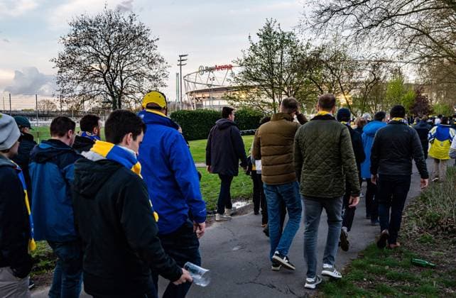 LEVERKUSEN, GERMANY - APRIL 13 : Supporters and fans of Union Saint-Gilloise during the UEFA Europa League Quarter-finals, 1st leg match between Leverkusen and Union SG at the BayArena on April 13, 2023 in Leverkusen, Germany, 13 04 2023 ( Leverkusen v Union SG - UEFA Europa League PhotoNews Panoramic 