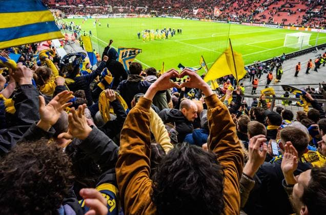 LEVERKUSEN, GERMANY - APRIL 13 : Supporters and fans of Union Saint-Gilloise during the UEFA Europa League Quarter-finals, 1st leg match between Leverkusen and Union SG at the BayArena on April 13, 2023 in Leverkusen, Germany, 13 04 2023 ( Leverkusen v Union SG - UEFA Europa League PhotoNews Panoramic 