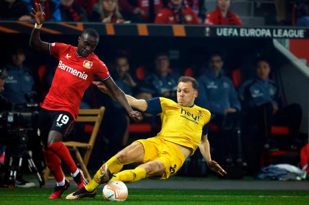 Leverkusen, Germany, UEFA Europa League, Bayer 04 Leverkusen Union Saint Gilloise 1 1 14 04 2023 at the Bay Arena in Leverkusen Moussa DIABY LEV L and Senne LYNEN USG R