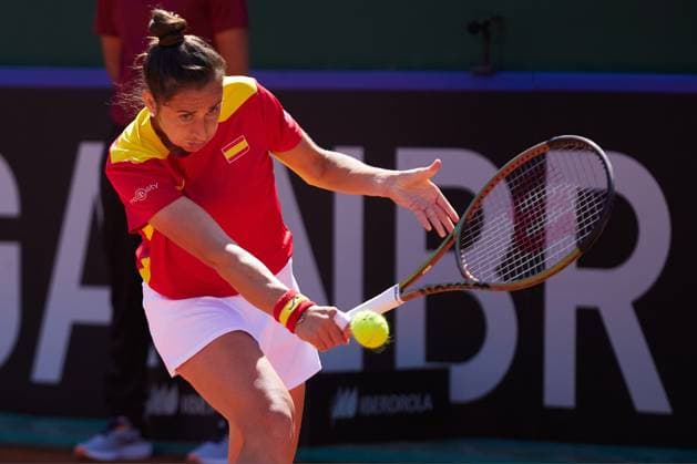 April 14, 2023, MALAGA, MALAGA, SPAIN: Sara Sorribes of Spain in action during Billie Jean King Cup, tennis match played between Spain and Mexico at Puente Romano on April 14, 2023, in Malaga, Spain. MALAGA SPAIN - ZUMAa181 20230414_zaa_a181_006 Copyright: xJoaquinxCorcherox