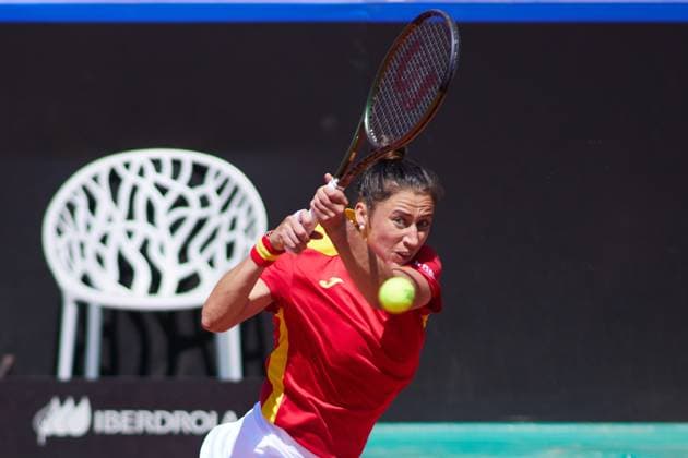 April 14, 2023, MALAGA, MALAGA, SPAIN: Sara Sorribes of Spain in action during Billie Jean King Cup, tennis match played between Spain and Mexico at Puente Romano on April 14, 2023, in Malaga, Spain. MALAGA SPAIN - ZUMAa181 20230414_zaa_a181_018 Copyright: xJoaquinxCorcherox