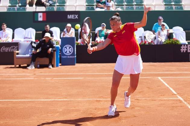 April 14, 2023, MALAGA, MALAGA, SPAIN: Sara Sorribes of Spain in action during Billie Jean King Cup, tennis match played between Spain and Mexico at Puente Romano on April 14, 2023, in Malaga, Spain. MALAGA SPAIN - ZUMAa181 20230414_zaa_a181_010 Copyright: xJoaquinxCorcherox