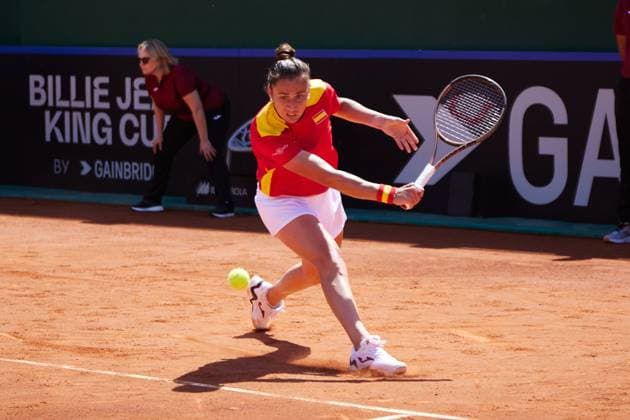 April 14, 2023, MALAGA, MALAGA, SPAIN: Sara Sorribes of Spain in action during Billie Jean King Cup, tennis match played between Spain and Mexico at Puente Romano on April 14, 2023, in Malaga, Spain. MALAGA SPAIN - ZUMAa181 20230414_zaa_a181_011 Copyright: xJoaquinxCorcherox