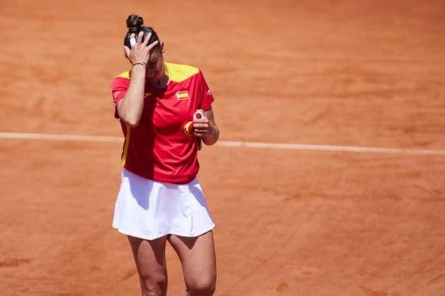 April 14, 2023, MALAGA, MALAGA, SPAIN: Sara Sorribes of Spain celebrate of victory during Billie Jean King Cup, tennis match played between Spain and Mexico at Puente Romano on April 14, 2023, in Malaga, Spain. MALAGA SPAIN - ZUMAa181 20230414_zaa_a181_019 Copyright: xJoaquinxCorcherox