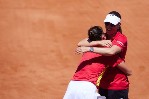 April 14, 2023, MALAGA, MALAGA, SPAIN: Sara Sorribes of Spain celebrate of victory during Billie Jean King Cup, tennis match played between Spain and Mexico at Puente Romano on April 14, 2023, in Malaga, Spain. MALAGA SPAIN - ZUMAa181 20230414_zaa_a181_020 Copyright: xJoaquinxCorcherox