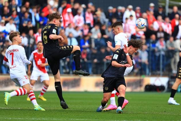 from left Meiko Waeschenbach Koeln , Jason Amann Mainz , Arda Suene Koeln , Daniel Gleiber Mainz 1 FC Koeln vs 1 FSV Mainz 05, Football, A Junioren Bundesliga, 14 04 2023 DFB regulations prohibit any use of photographs as image sequences and or quasi video 1 FC Koeln vs 1 FSV Mainz 05, Football, A Junioren Bundesliga, 14 04 2023 Koeln Copyright: xEibner-Pressefotox EP_RWS