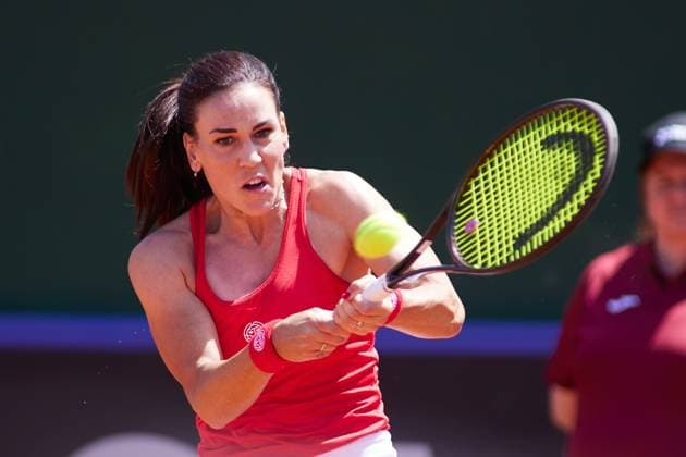 April 14, 2023, MALAGA, MALAGA, SPAIN: Nuria Parrizas of Spain in action during Billie Jean King Cup, tennis match played between Spain and Mexico at Puente Romano on April 14, 2023, in Malaga, Spain. MALAGA SPAIN - ZUMAa181 20230414_zaa_a181_027 Copyright: xJoaquinxCorcherox