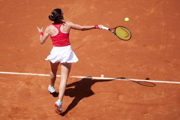 April 14, 2023, MALAGA, MALAGA, SPAIN: Nuria Parrizas of Spain in action during Billie Jean King Cup, tennis match played between Spain and Mexico at Puente Romano on April 14, 2023, in Malaga, Spain. MALAGA SPAIN - ZUMAa181 20230414_zaa_a181_024 Copyright: xJoaquinxCorcherox