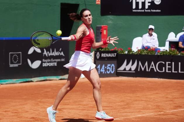 April 14, 2023, MALAGA, MALAGA, SPAIN: Nuria Parrizas of Spain in action during Billie Jean King Cup, tennis match played between Spain and Mexico at Puente Romano on April 14, 2023, in Malaga, Spain. MALAGA SPAIN - ZUMAa181 20230414_zaa_a181_032 Copyright: xJoaquinxCorcherox