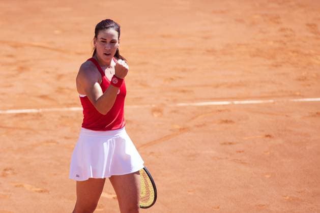 April 14, 2023, MALAGA, MALAGA, SPAIN: Nuria Parrizas of Spain celebrate of victory during Billie Jean King Cup, tennis match played between Spain and Mexico at Puente Romano on April 14, 2023, in Malaga, Spain. MALAGA SPAIN - ZUMAa181 20230414_zaa_a181_037 Copyright: xJoaquinxCorcherox