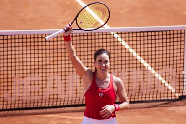 April 14, 2023, MALAGA, MALAGA, SPAIN: Nuria Parrizas of Spain celebrate of victory during Billie Jean King Cup, tennis match played between Spain and Mexico at Puente Romano on April 14, 2023, in Malaga, Spain. MALAGA SPAIN - ZUMAa181 20230414_zaa_a181_041 Copyright: xJoaquinxCorcherox