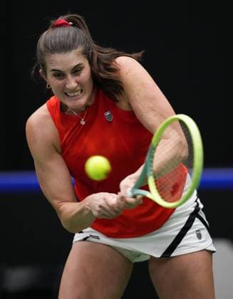 Tennis, Billie Jean King Cup, Kanada - Belgien April 14, 2023, VANCOUVER, BC, CANADA: Canada s Rebecca Marino returns to Belgium s Ysaline Bonaventure during a Billie Jean King Cup qualifiers singles match, in Vancouver, on Friday, April 14, 2023. Canada News - April 14, 2023  - ZUMAc35_ 20230414_zaf_c35_241 Copyright: xDarrylxDyckx