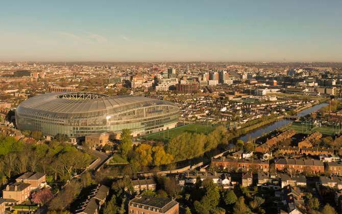 Ireland And UK Euro 2028 Top view of the Aviva Stadium on a sunny morning in Dublin. Ireland, Saturday, April 15, 2023. The UK and Ireland have submitted their final bid to jointly host Euro 2028. Matches would take place in England at Wembley, Villa Park, Everton Stadium, Tottenham Hotspur Stadium, Etihad Stadium and St James Park, in Dublin at the Aviva Stadium, in Belfast at Casement Park, in Glasgow at Hampden Park and Cardiff s Principality Stadium. Dublin Ireland  Copyright: xDanilxShamkinx originalFilename:shamkin-notitle230415_npd8U.jpg