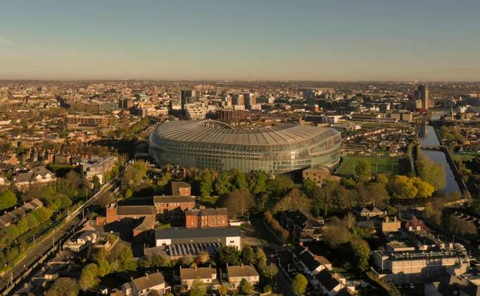 Ireland And UK Euro 2028 Top view of the Aviva Stadium on a sunny morning in Dublin. Ireland, Saturday, April 15, 2023. The UK and Ireland have submitted their final bid to jointly host Euro 2028. Matches would take place in England at Wembley, Villa Park, Everton Stadium, Tottenham Hotspur Stadium, Etihad Stadium and St James Park, in Dublin at the Aviva Stadium, in Belfast at Casement Park, in Glasgow at Hampden Park and Cardiff s Principality Stadium. Dublin Ireland  Copyright: xDanilxShamkinx originalFilename:shamkin-notitle230415_npFR0.jpg