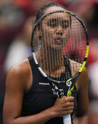 April 15, 2023, VANCOUVER, BC, CANADA: Canada s Leylah Fernandez reacts after losing a point to Belgium s Ysaline Bonaventure during a Billie Jean King Cup qualifiers singles match, in Vancouver, on Saturday, April 15, 2023. Canada News - April 15, 2023  - ZUMAc35_ 20230415_zaf_c35_068 Copyright: xDarrylxDyckx
