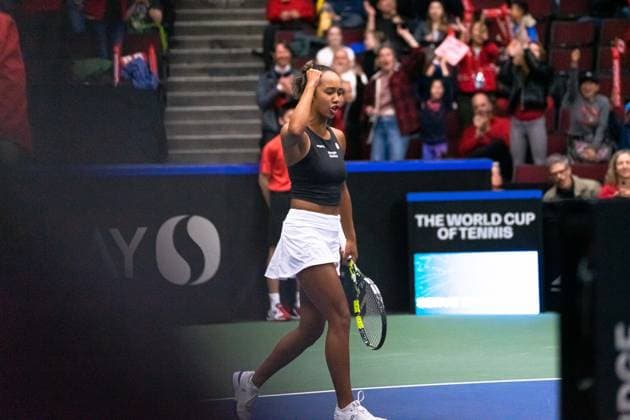 Vancouver, British Columbia, Canada, April 15th 2023: Leylah Fernandez (Canada) celebrates during the 2023 Billie Jean King Cup Qualifiers match between Canada and Belgium at Pacific Coliseum in Vancouver, BC, Canada (EDITORIAL USAGE ONLY). (Amy Elle SPP) Copyright: xAmyxElle SPPx spp-en-AmEl-DSC08530