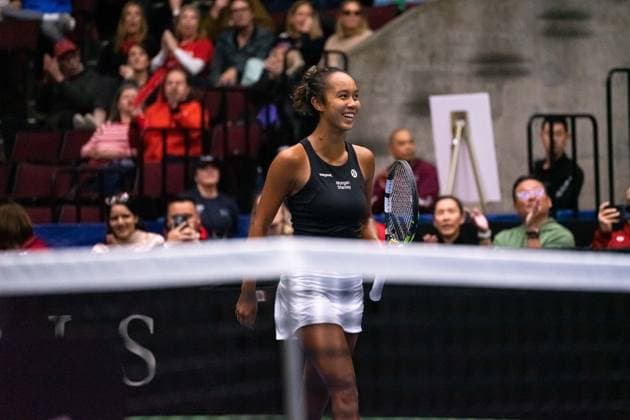 Vancouver, British Columbia, Canada, April 15th 2023: Leylah Fernandez (Canada) smiles after winning the 2023 Billie Jean King Cup Qualifiers match between Canada and Belgium at Pacific Coliseum in Vancouver, BC, Canada (EDITORIAL USAGE ONLY). (Amy Elle SPP) Copyright: xAmyxElle SPPx spp-en-AmEl-DSC08648