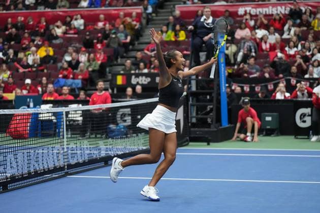April 15, 2023, VANCOUVER, BC, CANADA: Canada s Leylah Fernandez celebrates after she and Gabriela Dabrowski defeated Belgium s Kirsten Flipkens and Greet Minnen during a Billie Jean King Cup qualifiers doubles match, in Vancouver, on Saturday, April 15, 2023. Canada won three of the five matches to win the qualifying tie and advance to the 2023 Billie Jean King Cup finals. Canada News - April 15, 2023  - ZUMAc35_ 20230415_zaf_c35_225 Copyright: xDarrylxDyckx