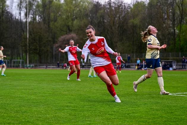 16 04 2023, GER, soccer, women, test match, 2022 2023, 1 FC Köln TSG Hoffenheim Selina Cerci Köln cheers her goal Westerburg Schulstadion Rheinland Pfalz Germany