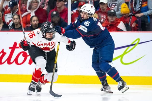 230416 Emily Clark of Canada and Savannah Harmon of USA during the 2023 IIHF Women s World Championship final between Canada and USA on April 16, 2023 in Brampton Photo Mathilda Ahlberg BILDBYRAN kod MA MA0464 ishockey ice hockey vm dam 2023 iihf womens world championship dam vm ishockey vm canada usa women bbeng kanada,  Copyright: MATHILDAxAHLBERG BB230416MA187