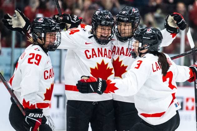 230416 Renata Fast and Brianne Jenner of Canada celebrate scoring 2 1 during the 2023 IIHF Women s World Championship final between Canada and USA on April 16, 2023 in Brampton Photo Mathilda Ahlberg BILDBYRAN kod MA MA0464 ishockey ice hockey vm dam 2023 iihf womens world championship dam vm ishockey vm canada usa women bbeng kanada jubel,  Copyright: MATHILDAxAHLBERG BB230416MA190
