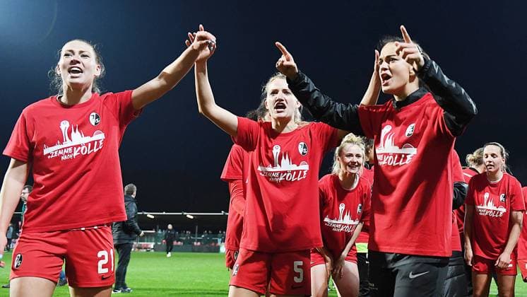 Soccer DFB Cup Womens Semifinal Season 2022 2023, RB Leipzig Women vs SC Freiburg Women 1 0 0 0 Jubilation among the players of SC Freiburg after the victory in the semifinal and entry into the Cup Final at the match RB Leipzig Women vs SC Freiburg Women In the picture you can see Samantha Steuerwald Freiburg defense, Ruekennummer 21 , Kim Fellhauer Freiburg defense, Ruekennummer 5 , Giovanna Hoffmann Freiburg attack, Ruekennummer 27 Leipzig Saxony Germany RB Training Center, Rasenplatz 1