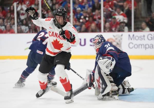 April 16, 2023, Brampton, ON, CANADA: Canada forward Brianne Jenner (19) celebrates her goal on USA goaltender Aerin Frankel (31) during second period IHF Women s World Hockey Championship gold medal hockey action in Brampton, Ont., on Sunday, April 16, 2023. Canada News - April 16, 2023  - ZUMAc35_ 20230416_zaf_c35_094 Copyright: xFrankxGunnx