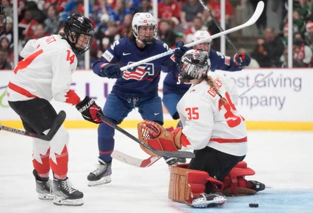 April 16, 2023, Brampton, ON, CANADA: USA players celebrate as Canada goaltender Ann-Renee Desbiens (35) and teammate defender Renata Fast (14) react after the USA defender Caroline Harvey, not shown, scores during third period IHF Women s World Hockey Championship gold medal hockey action against Canada in Brampton, Ont., on Sunday, April 16, 2023. Canada News - April 16, 2023  - ZUMAc35_ 20230416_zaf_c35_104 Copyright: xFrankxGunnx