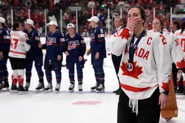 April 16, 2023, Brampton, ON, CANADA: Canada captian Marie-Philip Poulin (29) skates off with a silver medal after IIHF Women s World Hockey Championship gold medal hockey action against the USA in Brampton, Ont., on Sunday, April 16, 2023. Canada News - April 16, 2023  - ZUMAc35_ 20230416_zaf_c35_114 Copyright: xFrankxGunnx