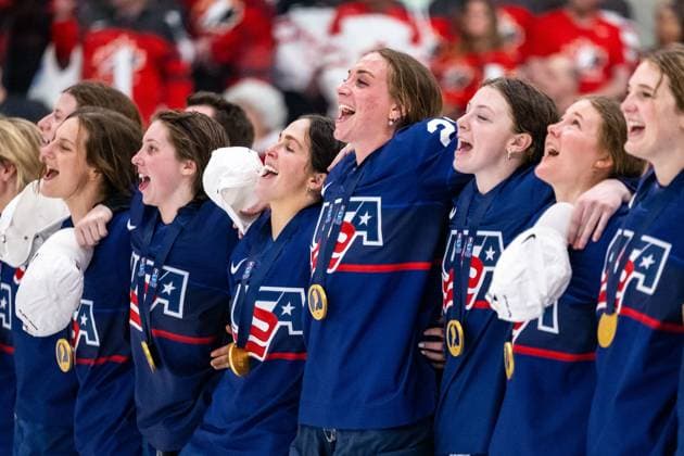 230416 Players of USA celebrate winning the 2023 IIHF Women s World Championship final between Canada and USA on April 16, 2023 in Brampton Photo Mathilda Ahlberg BILDBYRAN kod MA MA0464 ishockey ice hockey vm dam 2023 iihf womens world championship dam vm ishockey vm canada usa women bbeng kanada jubel,  Copyright: MATHILDAxAHLBERG BB230416MA207