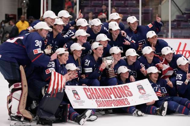 April 16, 2023, Brampton, ON, CANADA: USA players pose for photos after winning gold at the IIHF Women s World Hockey Championship hockey action against the Canada in Brampton, Ont., on Sunday, April 16, 2023. Canada News - April 16, 2023  - ZUMAc35_ 20230416_zaf_c35_118 Copyright: xFrankxGunnx