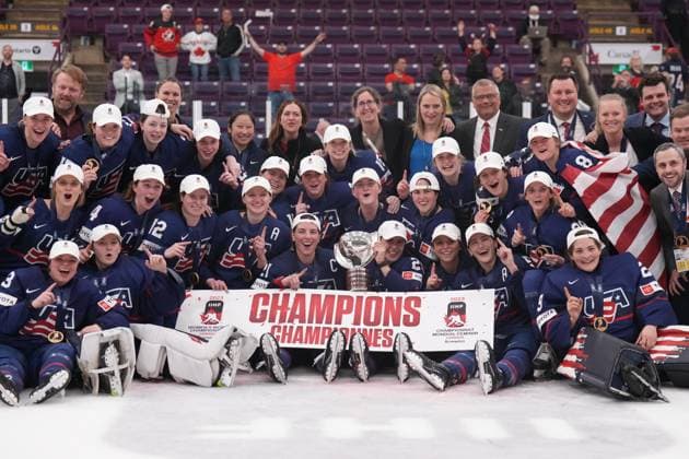 April 16, 2023, Brampton, ON, CANADA: USA players pose for photos after winning gold at the IIHF Women s World Hockey Championship hockey action against the Canada in Brampton, Ont., on Sunday, April 16, 2023. Canada News - April 16, 2023  - ZUMAc35_ 20230416_zaf_c35_127 Copyright: xNathanxDenettex