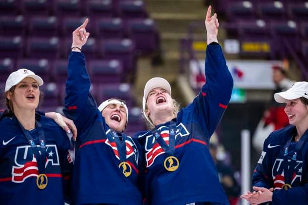 230416 Players of USA celebrate winning the 2023 IIHF Women s World Championship final between Canada and USA on April 16, 2023 in Brampton Photo Mathilda Ahlberg BILDBYRAN kod MA MA0464 ishockey ice hockey vm dam 2023 iihf womens world championship dam vm ishockey vm canada usa women bbeng kanada jubel,  Copyright: MATHILDAxAHLBERG BB230416MA227