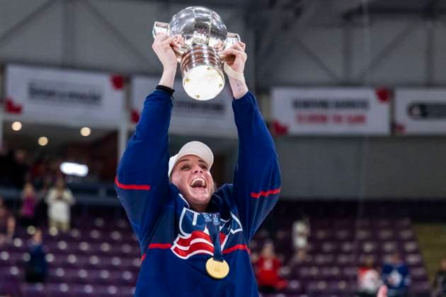 230416 Player of USA celebrates winning the 2023 IIHF Women s World Championship final between Canada and USA on April 16, 2023 in Brampton Photo Mathilda Ahlberg BILDBYRAN kod MA MA0464 ishockey ice hockey vm dam 2023 iihf womens world championship dam vm ishockey vm canada usa women bbeng kanada jubel,  Copyright: MATHILDAxAHLBERG BB230416MA229
