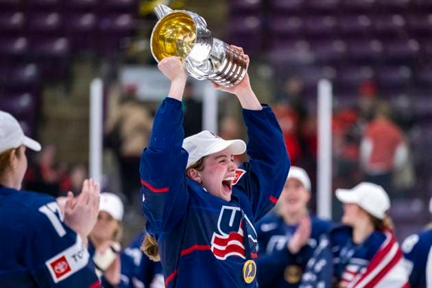230416 Player of USA celebrates winning the 2023 IIHF Women s World Championship final between Canada and USA on April 16, 2023 in Brampton Photo Mathilda Ahlberg BILDBYRAN kod MA MA0464 ishockey ice hockey vm dam 2023 iihf womens world championship dam vm ishockey vm canada usa women bbeng kanada jubel,  Copyright: MATHILDAxAHLBERG BB230416MA230